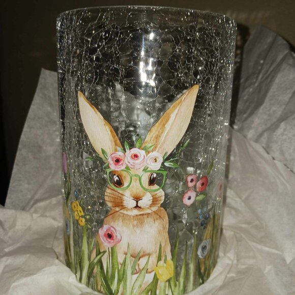 Yankee Candle Bunny with Glasses Crackle Glass Large Hurricane Candle Holder NEW - Picture 4 of 5